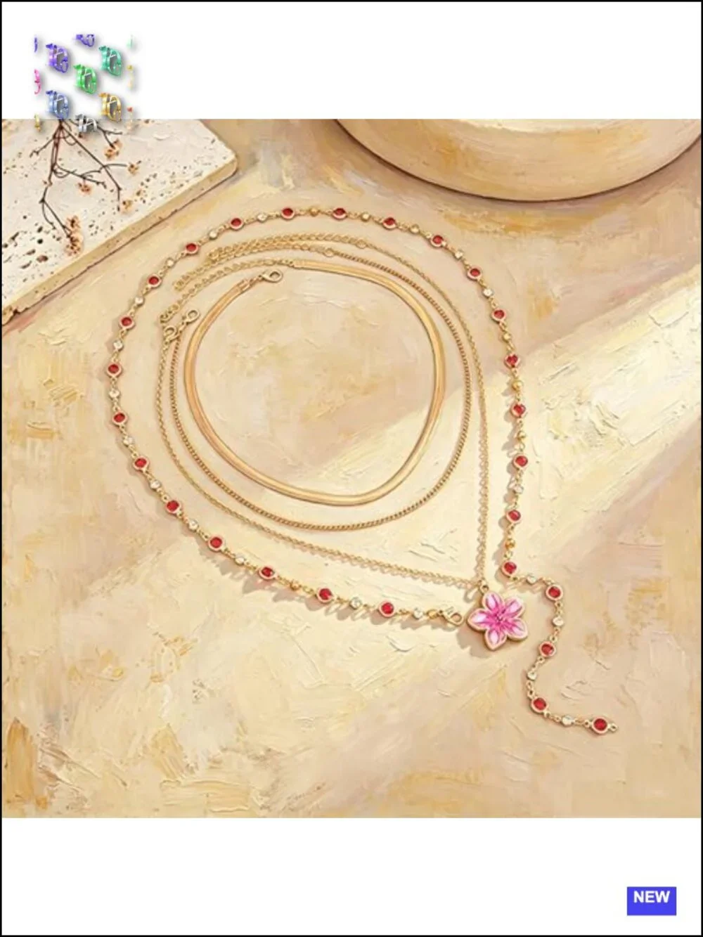 Gold Layered Floral Y-Shape Crystal Bead Choker Necklace Set Boho Statement
